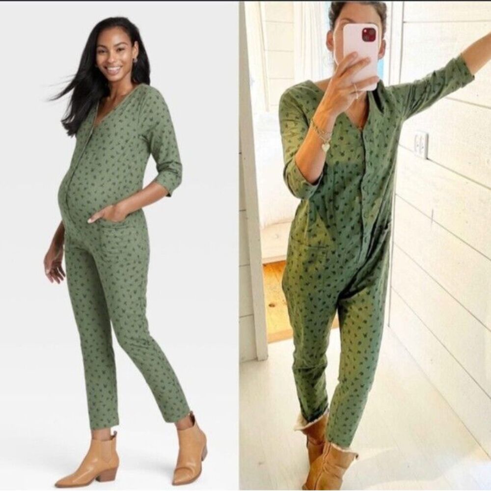 The Nines by‎ Hatch Sz XL Green Floral Cotton 3/4 Sleeve Maternity Jumpsuit